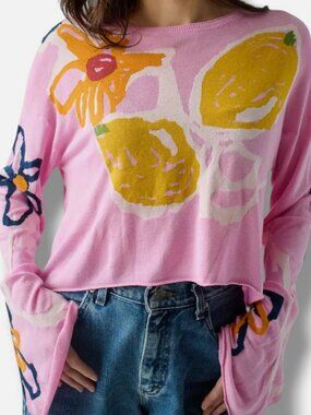 Lingua Franca Women's Pink Reina Silk Blend Crew-Neck Crop Sweater Size Large
